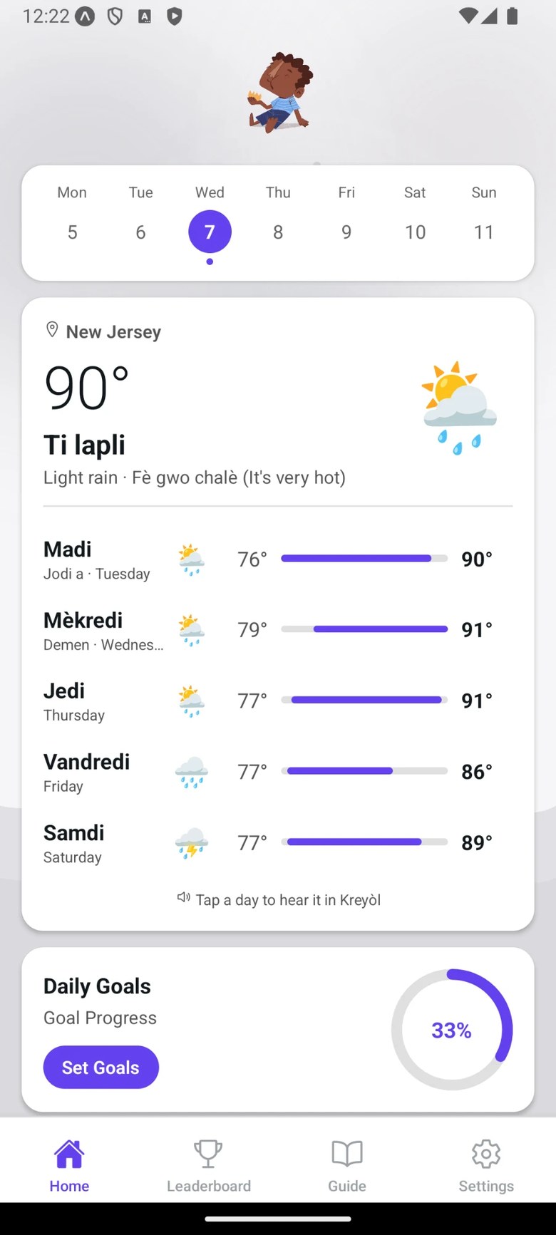 Learn Creole with Jorge app home screen with a weekly weather forecast in Kreyòl